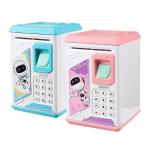 Electronic Fingerprint Money Bank Box for Kids with Password Lock and Automatic Cash Deposit System.