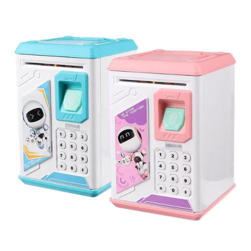 Electronic Fingerprint Money Bank Box for Kids with Password Lock and Automatic Cash Deposit System.