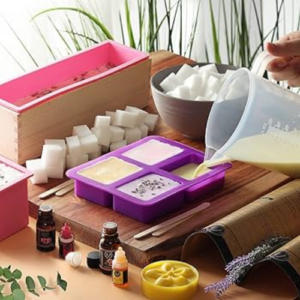 Soap Making Starter Kit with soap ingredients, moulds, fragrances, colourants, packaging supplies, and beginner business guide for starting a handmade soap business.